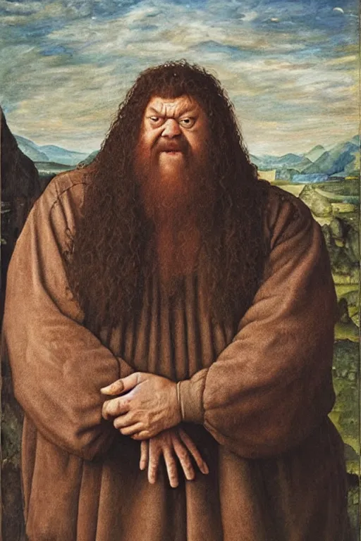 Image similar to portrait of hulking herculean bodybuilder hagrid, oil painting by jan van eyck, northern renaissance art, oil on canvas, wet - on - wet technique, realistic, expressive emotions, intricate textures, illusionistic detail