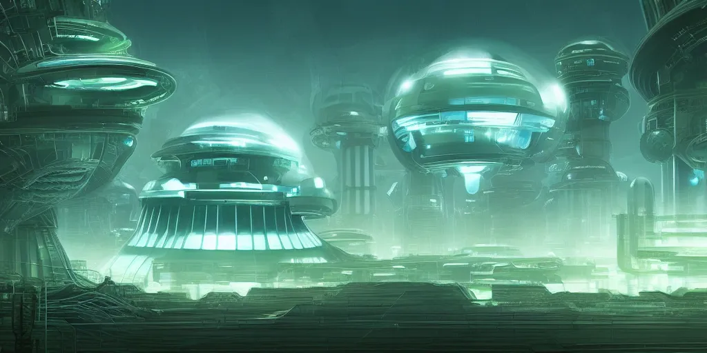 Image similar to beautiful scifi power plant, limitless energy inside, white city far away, blue sky, alien round shape, green plants, futuristic, magical feeling, detailed, digital art