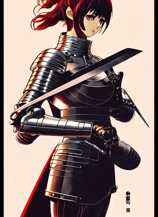 Image similar to katsuhiro otomo, ilya kuvshinov anime female knight in ornate armor, last exile, murata range, fine detail, perfect, dramatic lighting, dynamic composition, art deco, cel shading, vivid, rich texture, alphonse mucha, ( ( ( colorful ) ) ), ( ( ( yoshinari yoh ) ) ),