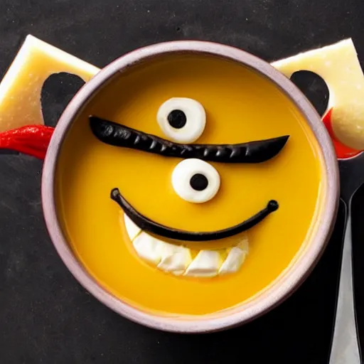 Image similar to a soup monster made out of cheese smiling back at you