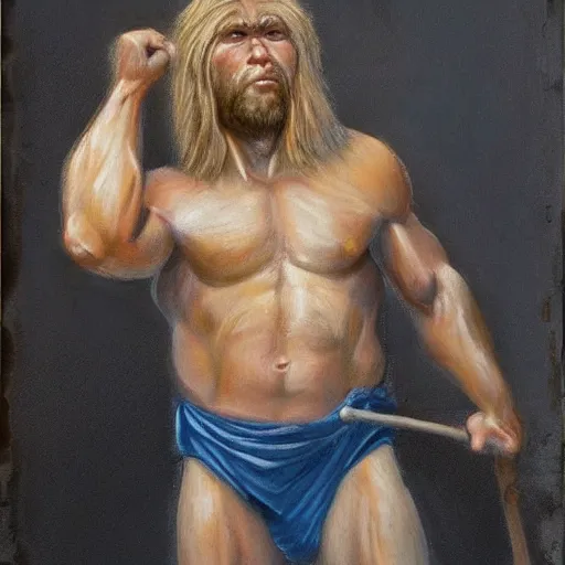 Prompt: a realistic muscular blonde neanderthal man painting