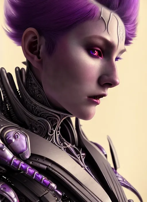 Image similar to a photorealistic detailed image of a beautiful stoic vampire in sci - fi bionic armor with purple hair, detailed, intricate, elegant, highly detailed, digital painting, artstation, concept art, smooth, sharp focus, illustration, art by hana yata, artem demura, alphonse mucha, octane render, unreal engine, 8 k