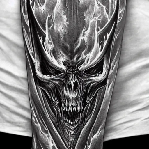 Image similar to diablo lord of terror, three quarter view from below, engulfed in flames, full body shot, detailed greyscale tattoo by Dmitriy Tkach