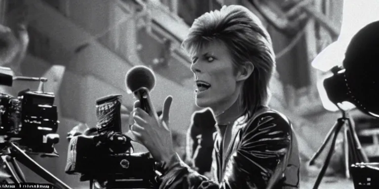 Prompt: Cinematography of David Bowie in 1981 shot on a 9.8mm wide angle lens on the set of The Muppet Movie