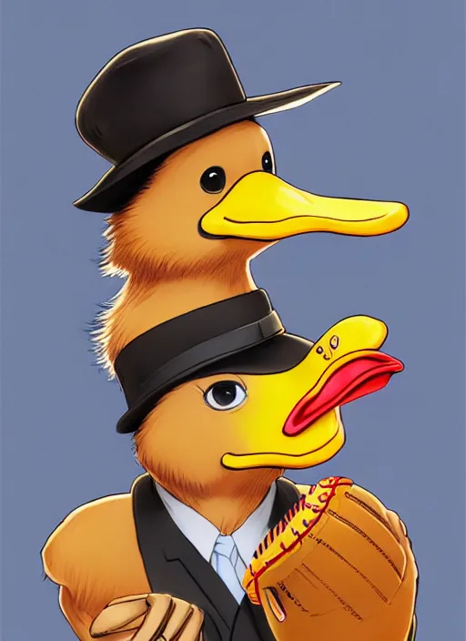 Image similar to commissioned full body portrait of a male anthro duck fursona with a duck head wearing a nice black suit and a fedora holding a baseball bat sitting on the hood of a police patrol car in a baseball stadium, by a professional manga illustrator, Stanley Artgerm Lau, WLOP, Rossdraws, James Jean, Andrei Riabovitchev, Marc Simonetti, and Sakimichan, trending on artstation