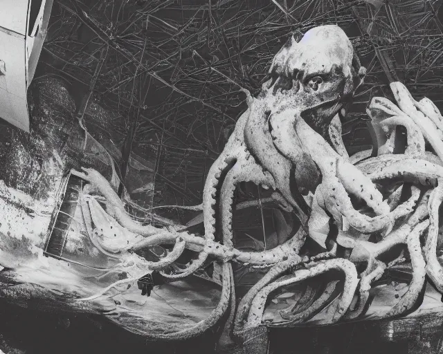 Image similar to camera footage of a extremely aggressive Giant mutated Octopus with glowing white eyes, Human Features, Light Lure, in an abandoned shopping mall, Psychic Mind flayer, Terrifying, Silhouette :7 , high exposure, dark, monochrome, camera, grainy, CCTV, security camera footage, timestamp, zoomed in, Feral, fish-eye lens, Fast, Radiation Mutated, Nightmare Fuel, Ancient Evil, Bite, Motion Blur, horrifying, lunging at camera :4 bloody dead body, blood on floors, windows and walls :5