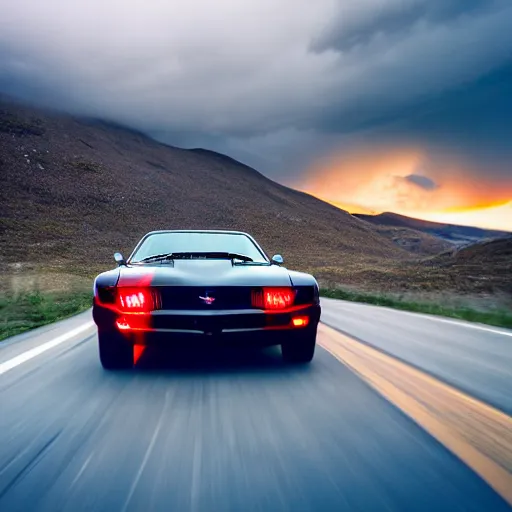 Prompt: black pontiac firebird trans - am driving towards the camera, zerglings running towards the car, norway mountains, valley, lake, dynamic, cinematic, motionblur, volumetric lighting, wide shot, low angle, red glow in sky, large lightning storm