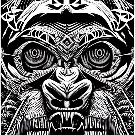 Image similar to barong family member, wiwek, mara demon, one single tribe member, jungle, one single mask, dark, ancient warrior, gorilla, lizard, tribal, black and white, red eyes, art by dan mumford