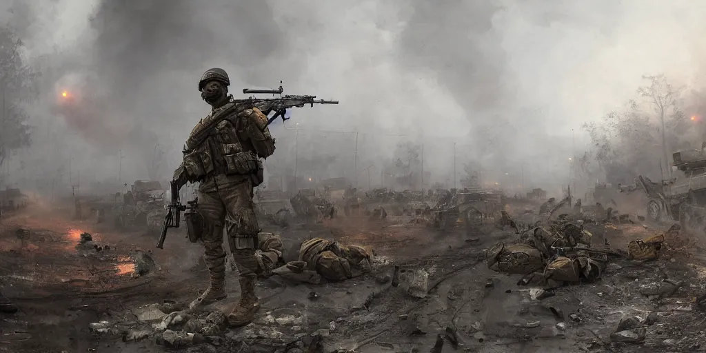 Prompt: highly detailed war photograph of a pmc operative guarding a highway checkpoint surrounded by climate migrants, smoke storm, cinematic, realistic, surreal, intricate, digital art, ambient, by darek zabrocki, industrial art style, 3 5 mm film grain, artstation