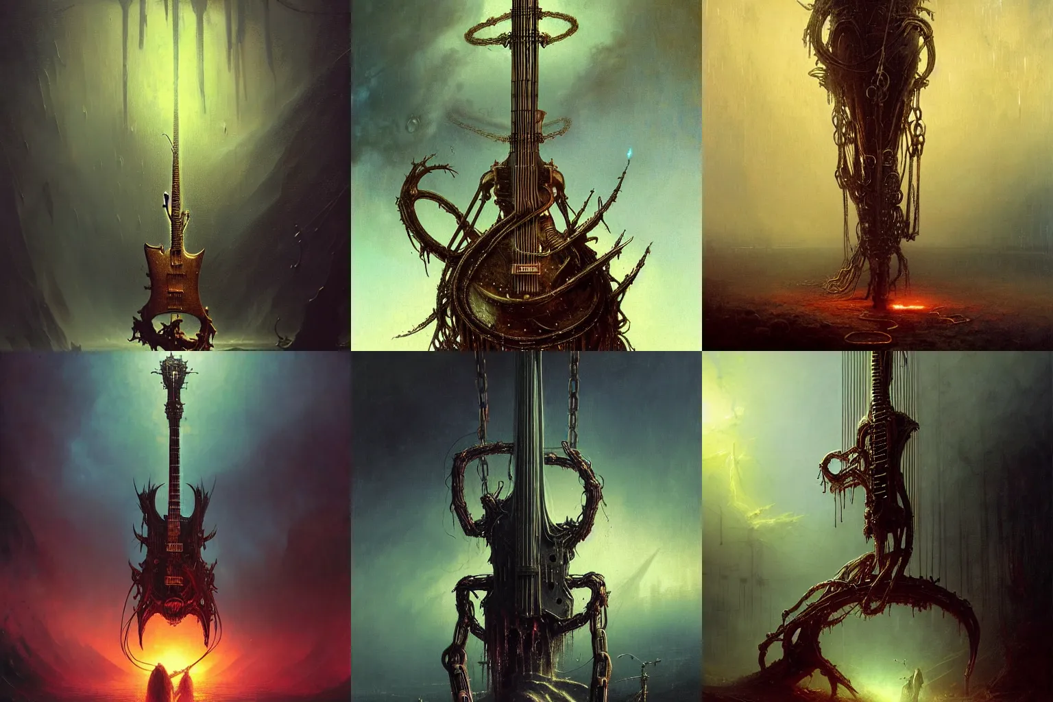 Prompt: a heavy metal music album cover of an upright alien electric guitar with its strings shaped as metallic rusted chains, in a creepy lucid environment by greg rutkowski ivan aivazovsky, hr giger ,cinematic dramatic lighting, uncropped, no frame, no text