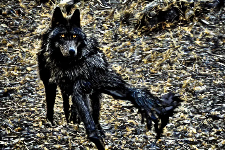 Image similar to ! human wolf crow werecreature, color photograph captured at creek