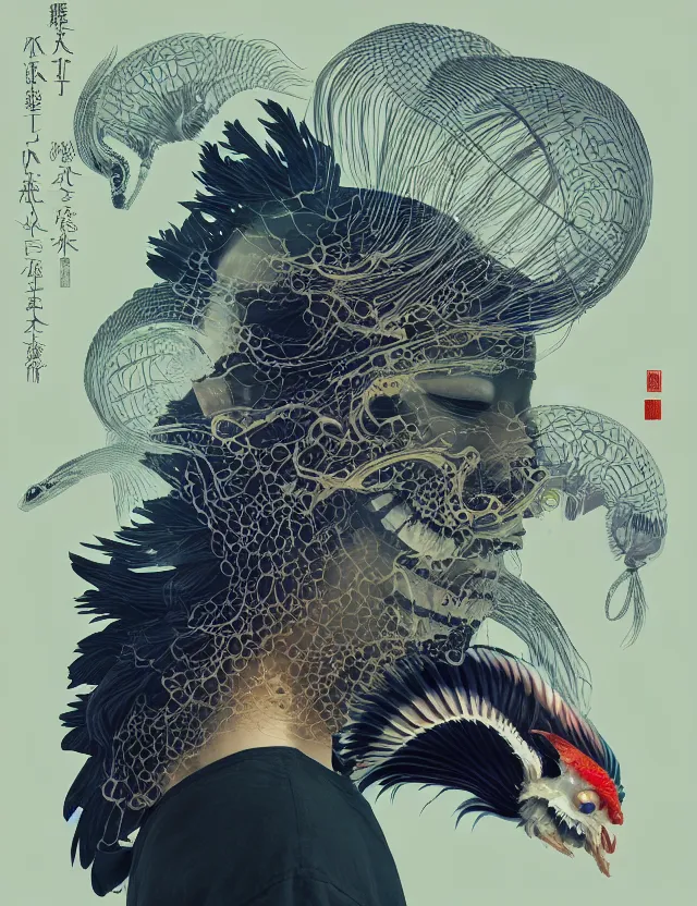 Image similar to 3 d liminal space frontal portrait with ram skull. beautiful intricately detailed japanese crow kitsune mask and clasical japanese kimono. betta fish, jellyfish phoenix, bio luminescent, plasma, ice, water, wind, creature, artwork by tooth wu and wlop and beeple and greg rutkowski