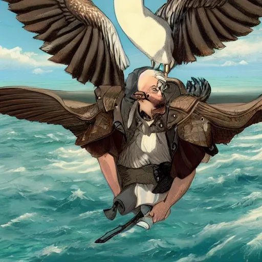 Image similar to a man riding a seagull into battle, anime