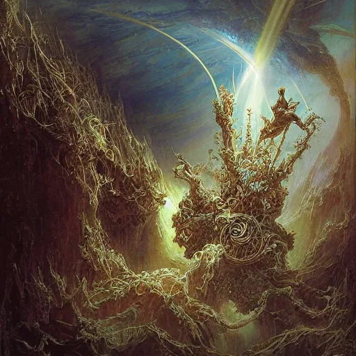 Image similar to ellen jewett, beautiful surreal palatial pulsar at dawn, gustave dore, ferdinand knab, jeff easley