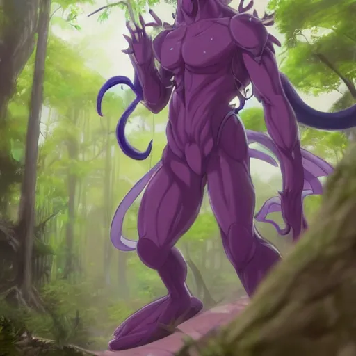 Image similar to concept art painting of an anthropomorphic purple anime anthro dragon, in the deep forest, realistic, detailed, cel shaded, in the style of makoto shinkai and greg rutkowski and james gurney