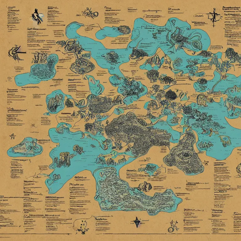 Prompt: imaginary map of a fantacy world, drawing of different elements in the lands, different realms, blueprint, infographic, on paper, natural colors, vintage, with notes, highly detailed, trending on artstation, beautiful