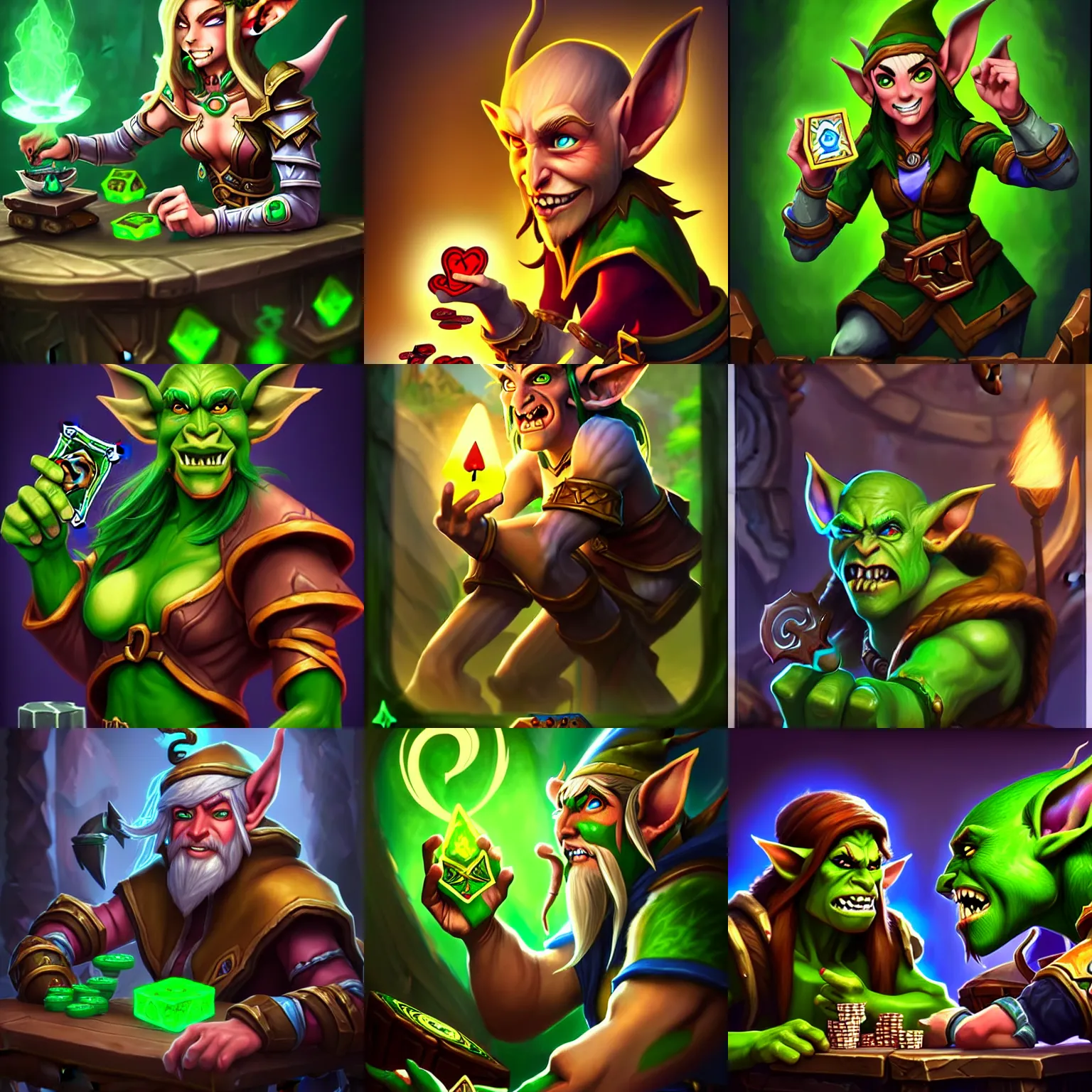 Prompt: Full body Hearthstone official professional art, with realistic beautiful face & eyes. A elf playing cards game with a green orc. Insanely coherent and well drawned physical body parts, ArtStation. Very detailed hands with 5 coherent fingers.