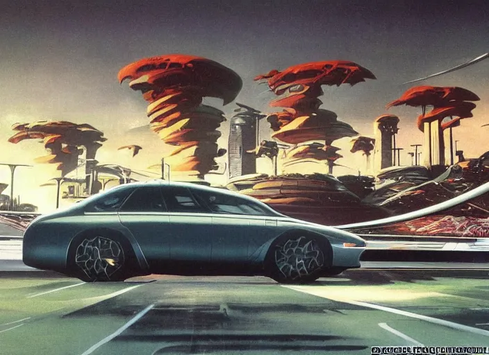 Image similar to a sport sedan car in a future city. style by frank frazetta, peter elson, and eyvind earle.