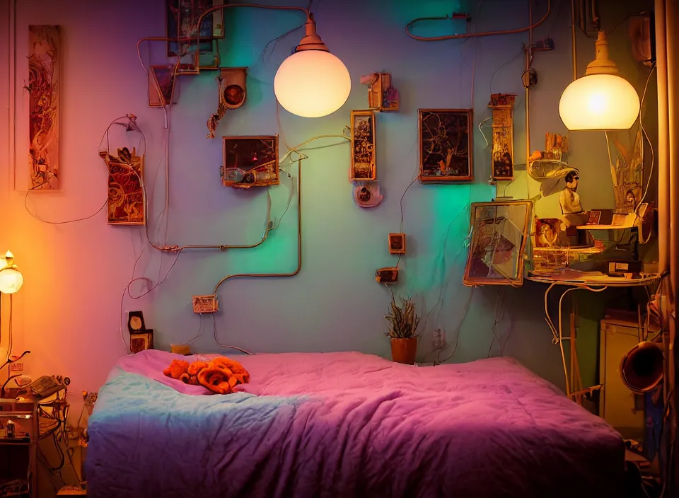 Image similar to telephoto 7 0 mm f / 2. 8 iso 2 0 0 photograph depicting the feeling of chrysalism in a cosy cluttered french sci - fi ( art nouveau ) cyberpunk apartment in a pastel dreamstate art cinema style. ( aquarium bed, computer screens, window ( city ), leds, lamp, ( ( ( bed ) ) ) ), ambient light.