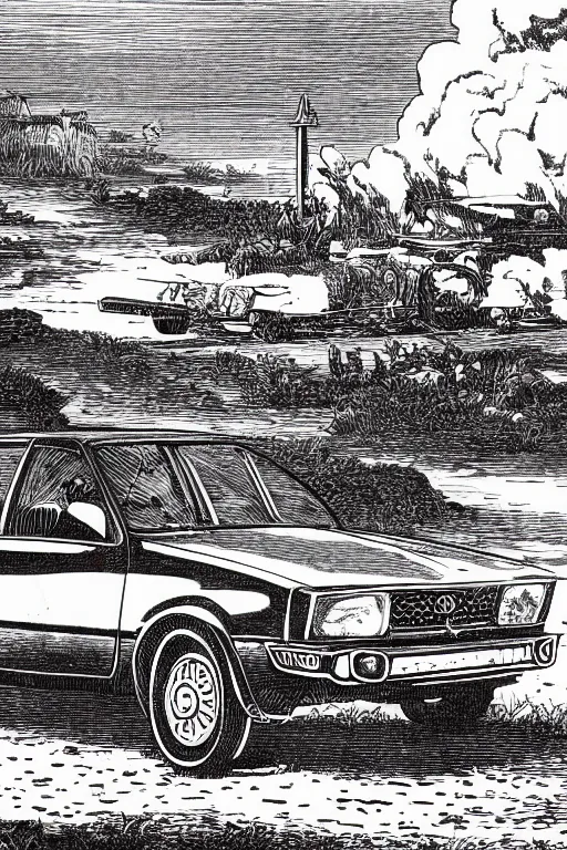 Prompt: 19th century wood-engraving of Toyota Corolla V, whole page illustration from Jules Verne book, art by Édouard Riou Jules Férat and Henri de Montaut, high quality, beautiful, removed watermarks