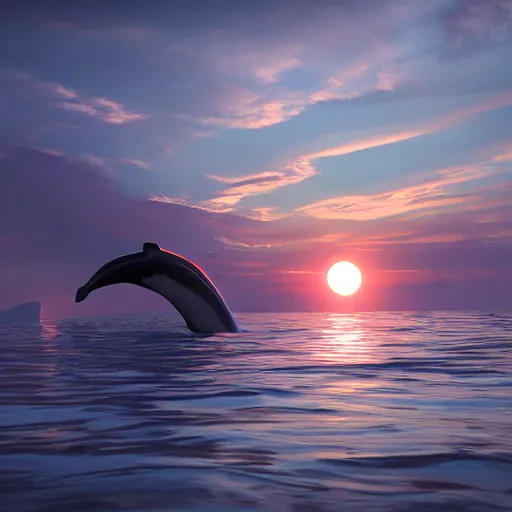 Image similar to The Sun was setting on the water and a whale was floating on it，matte painting, trending on artstation, artstationHQ, unreal engine, 4k, 8k, anime style