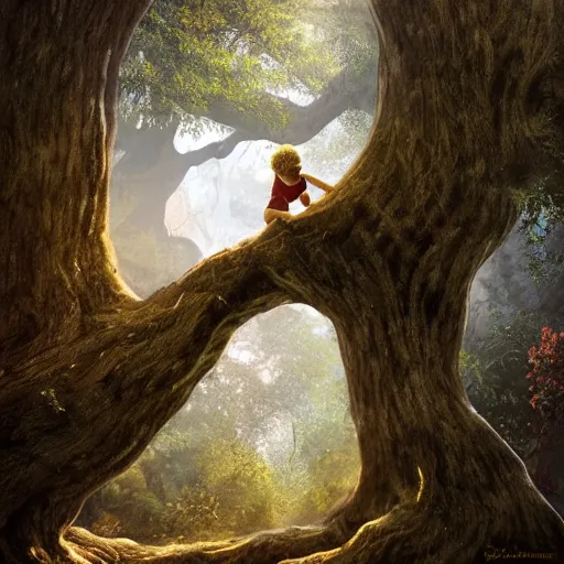 Prompt: a child climbing beautiful giant tree growing in the middle of an old and vast Victorian library. dramatic light, 4K, fantasy art, ultra-realistic