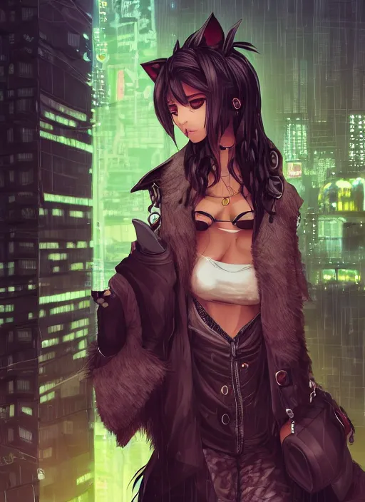 Image similar to character portrait of a female anthro hyena fursona with a cute beautiful attractive furry face and long black curly hair wearing stylish clothes in a cyberpunk city at night while it rains. hidari, color page, tankoban, 4K, tone mapping, Akihiko Yoshida.