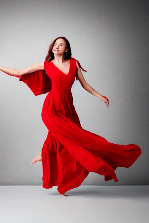 Image similar to woman dancing in a crimson summer dress, fashion magazine, elegant, dynamic movement, photorealistic camera shot, bright studio setting, studio lighting, crisp quality and light reflections