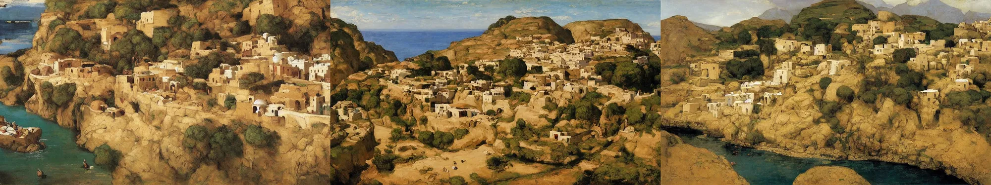 Prompt: High-Quality orientalist painting of a traditional Persian village with colorful houses built into a cliff next to a river by Gustave Courbet, aerial view, very detailed, masterpiece, oil on canvas.