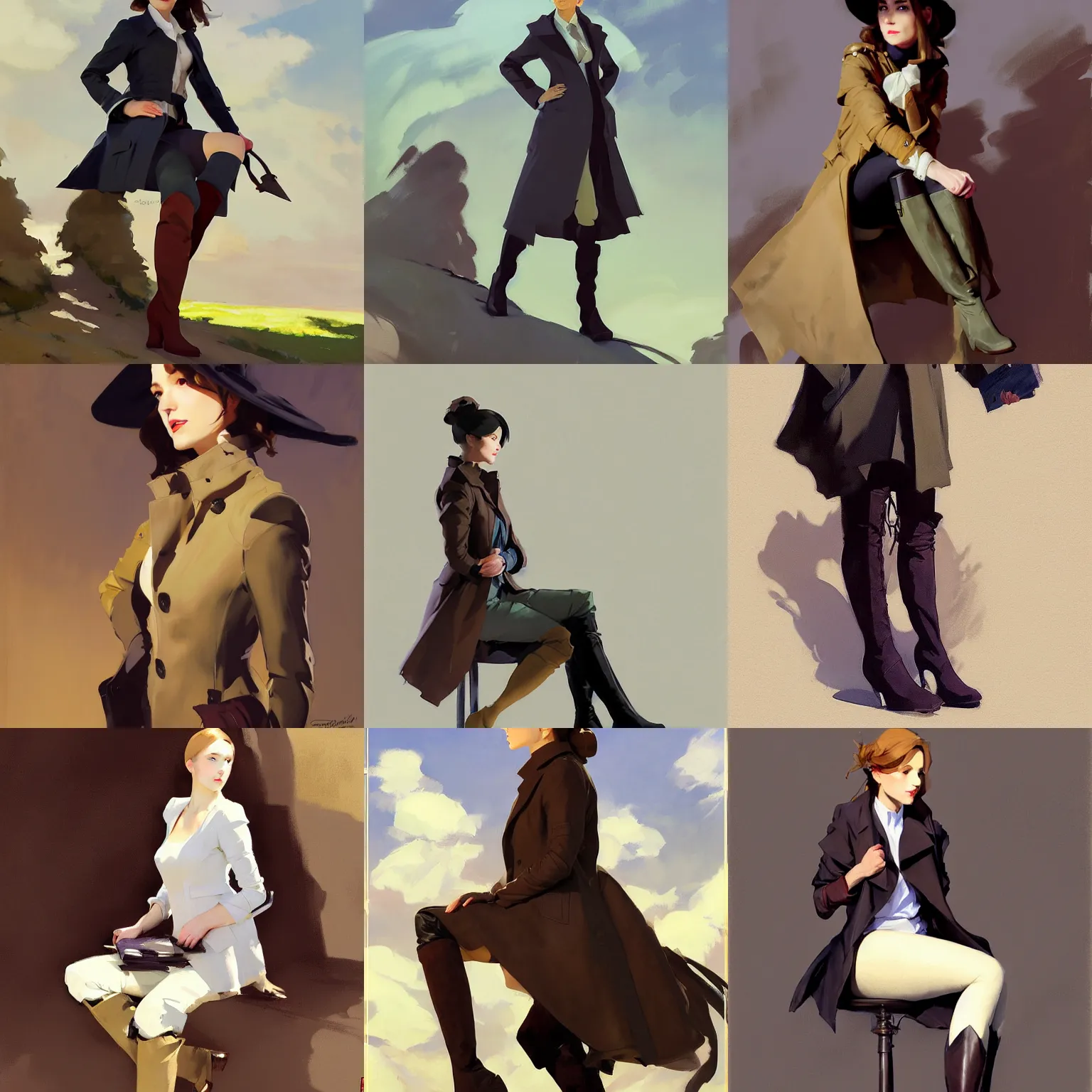 Prompt: cloth fabric jodhpurs knee high boots travel coat fashion, portrait in sitting pose, greg manchess painting by sargent and leyendecker, studio ghibli, fantasy, asymmetrical, intricate, elegant, matte painting, illustration, hearthstone, by greg rutkowski, by greg tocchini, by james gilleard, by joe fenton