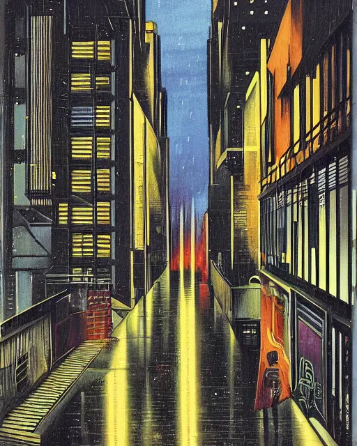 Image similar to melancholy rainy night of cyberpunk city life by de chirico