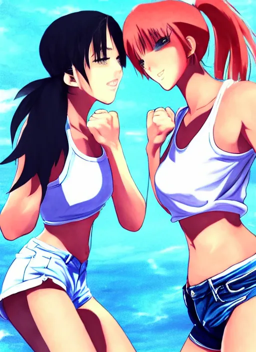 Prompt: two beautiful female fighters facing each other, denim shorts, white top, dim lighting, gorgeous features, smooth, detailed anime art