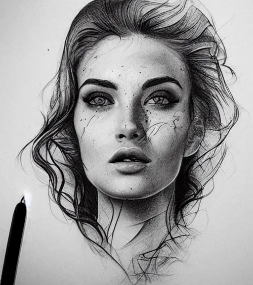 Prompt: a beautiful woman face against a background of beautiful mountains, tattoo design sketch, amazing blend effect, hyper - realistic, in the style of matteo pasqualin, amazing detail, black and white