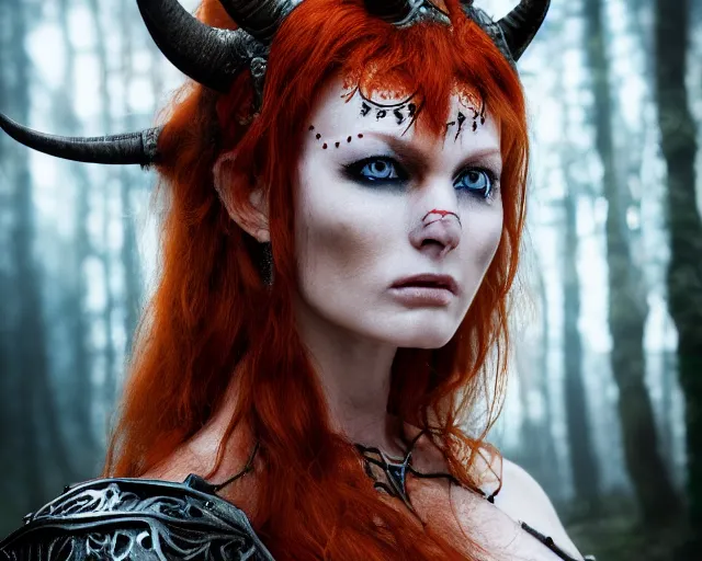 Prompt: 5 5 mm portrait photo of an armored gorgeous anesthetic redhead woman warrior with a face tattoo and horns growing from her head, in a magical forest. by luis royo and stephan kostic. highly detailed 8 k. intricate. lifelike. soft light. nikon d 8 5 0. cinematic post - processing