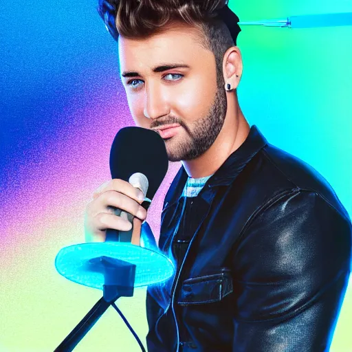 Prompt: the handsome lead singer of a boyband with sandy brown hair and blue eyes wearing a neon blue microphone headset posing on stage. n - sync, backstreet boys, one direction, bts concert. photorealistic. hyper realism. ray tracing hdr. intricate detailed masterpiece. lifelike.