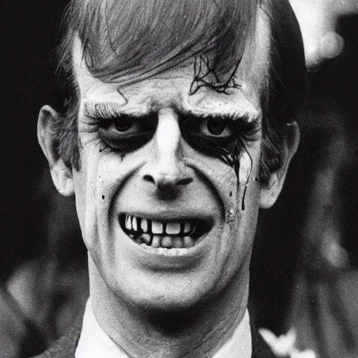 Prompt: zombie prince philip, shot from 1970s horror film
