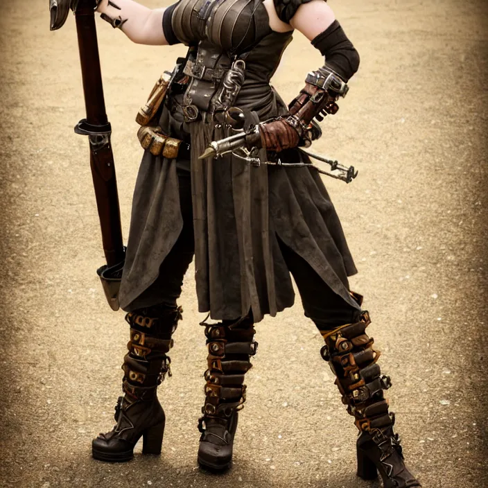 Prompt: professional full length photograph of a beautiful female dieselpunk warrior. Extremely detailed. 8k