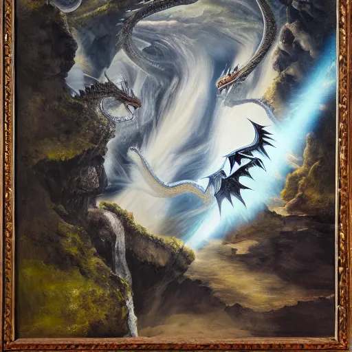 Image similar to oil painting of a dragon flying in the air near a cave with a waterfall in the center, light emanating from the waterfall leading to a big pool of water, dragon has black and white siberian tiger stripes, elegant, sharp focus, wide shot, clear, detailed, early renaissance