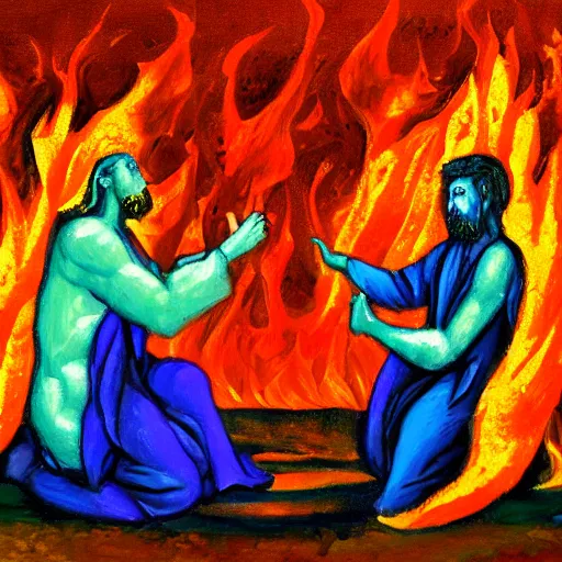 Image similar to artists rendition of a holy bond made in fire before the temple of god, oil paint, bright colors, sharp focus, thick paint, thick brush