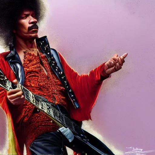 Image similar to UHD movie still of Jamie Foxx as Jimi Hendrix by Antonio Caparo and Ferdinand Knab and Amano UHD photorealistic trending on artstation