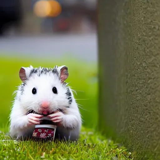 Prompt: soaking wet hamster begging for change on the side of the road