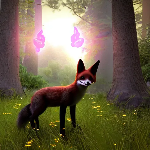 Image similar to second life in game screenshot of black foxes cuddling next to each other in a beautiful fantasy forest lit with fireflies, 3 d render, octane engine, unreal engine 4, 4 k screenshot