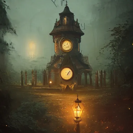 Prompt: clock house, magical world, by greg rutkowski, sung choi, photo realistic, 8 k, cinematic lighting, hd, atmospheric, hyperdetailed, trending on artstation, devainart, digital painting, glow effect