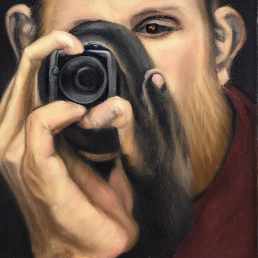 Image similar to Portrait of an Emo monkey holding a camera, oil painting