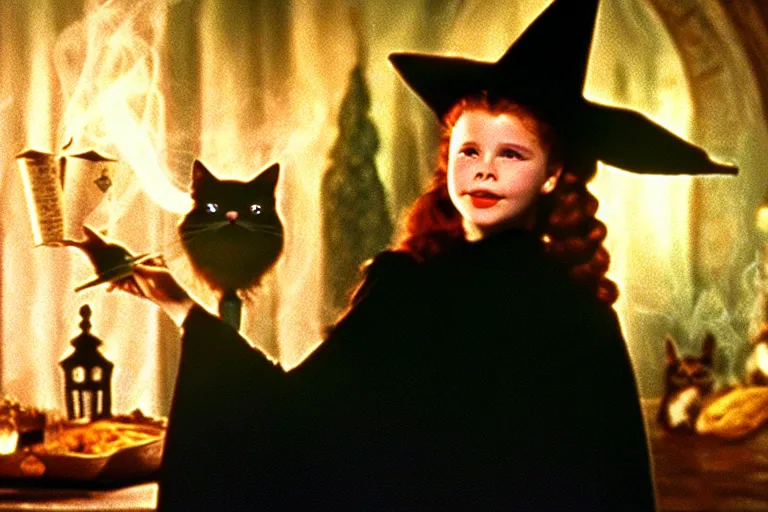 Image similar to close up portrait, dramatic lighting, teen witch calmly pointing a magic wand casting a spell over a large open book on a table with, short hair, cat on the table in front of her, sage smoke, a witch hat cloak, apothecary shelves in the background, still from the wizard of oz and peter pan