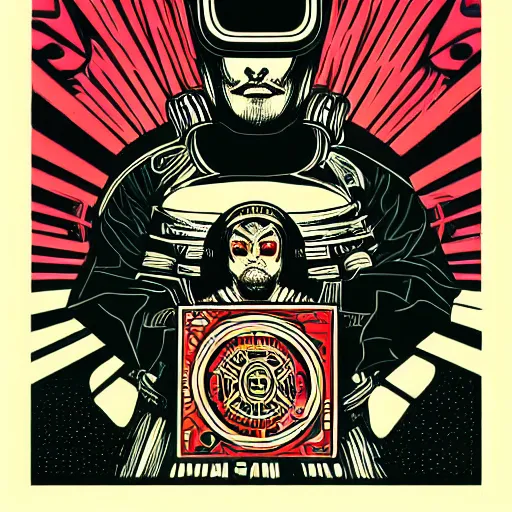 Image similar to !dream Illustrated by Shepard Fairey and H.R. Geiger | Cyberpunk Samurai with VR helmet, surrounded by cables