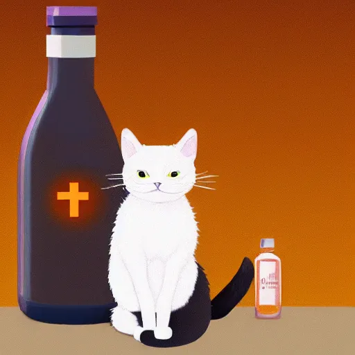 Prompt: a cat standing next to a bottle of medicine, the cat is smiling, the cat is orange, the cat is fluffy, digital art, artstation, animal,