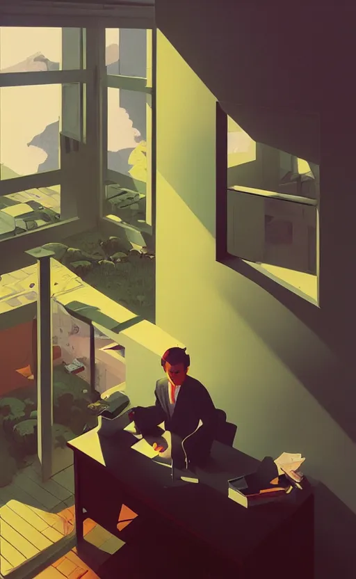 Image similar to office in heaven, surreal illustration, by atey ghailan and escher and edward hopper