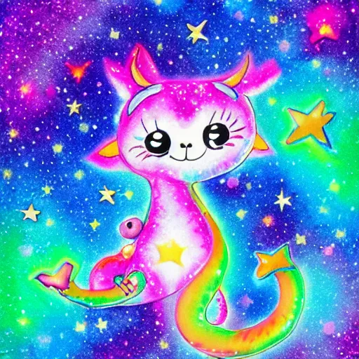 Prompt: cute kawaii baby dragon, galaxy, stars, cosmos, nebula, in the style of lisa frank, watercolor painting