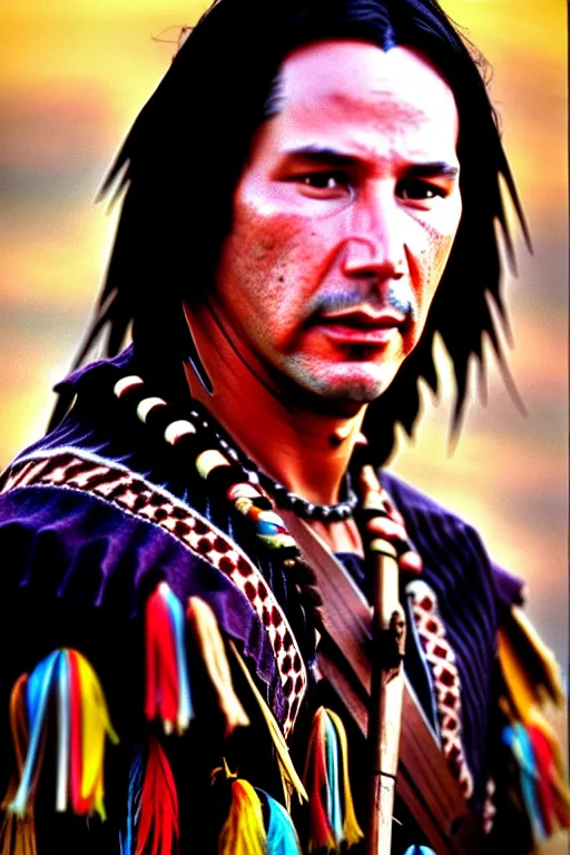 Image similar to Photo of Native American indian man Keanu Reeves, portrait, skilled warrior of the Apache, ancient, realistic, detailed, Keanu Reeves